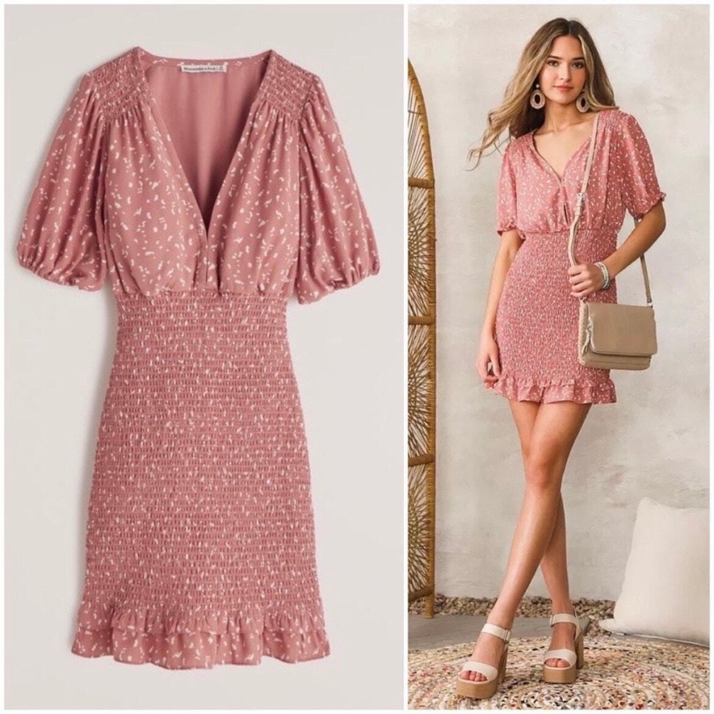 Abercrombie & Fitch Coral Pattern Smocked Waist Mini Dress